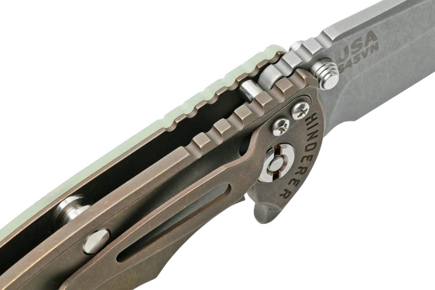 Rick Hinderer XM-18 3.5" Spanto S45VN Stonewash, Battle Bronze, Translucent G10, CPM S45VN Couteau De Poche 7 Rick Hinderer XM-18 3.5" Spanto S45VN Stonewash, Battle Bronze, Translucent G10, CPM S45VN Couteau De Poche – Image 7