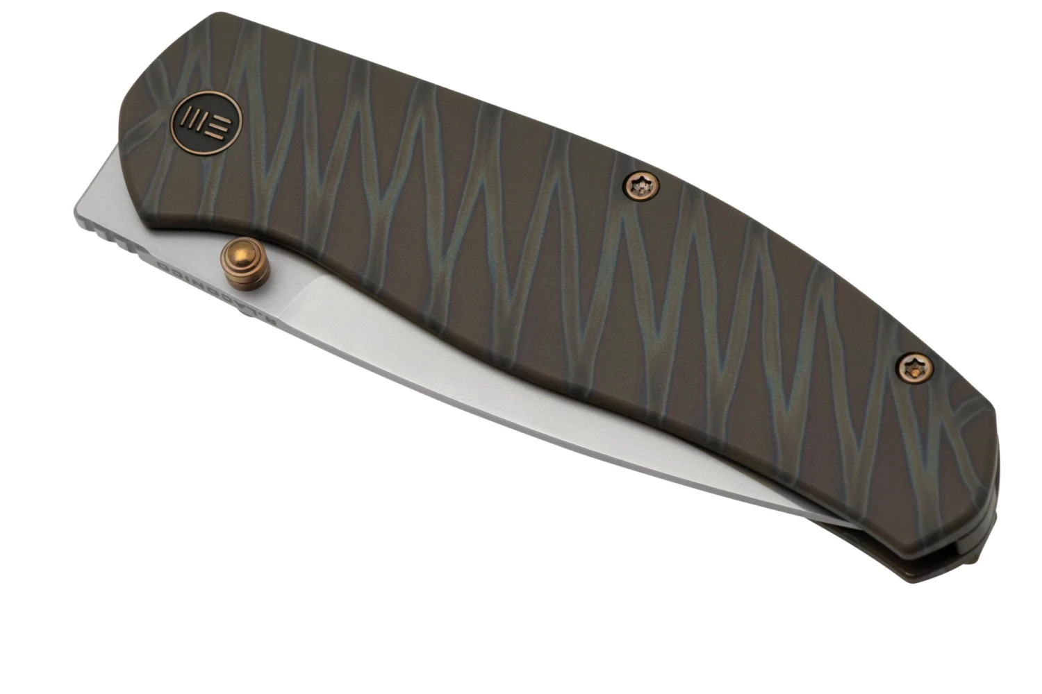 WE Knife Esprit 20025B-B Bead Blasted, Tiger Stripe Pattern Flamed Titanium Couteau De Poche, Ray Laconico Design 6 WE Knife Esprit 20025B-B Bead Blasted, Tiger Stripe Pattern Flamed Titanium Couteau De Poche, Ray Laconico Design – Image 6