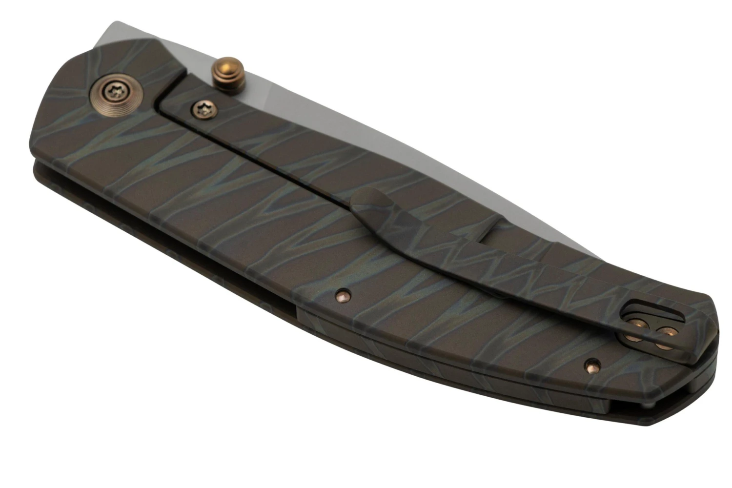 WE Knife Esprit 20025B-B Bead Blasted, Tiger Stripe Pattern Flamed Titanium Couteau De Poche, Ray Laconico Design 7 WE Knife Esprit 20025B-B Bead Blasted, Tiger Stripe Pattern Flamed Titanium Couteau De Poche, Ray Laconico Design – Image 7